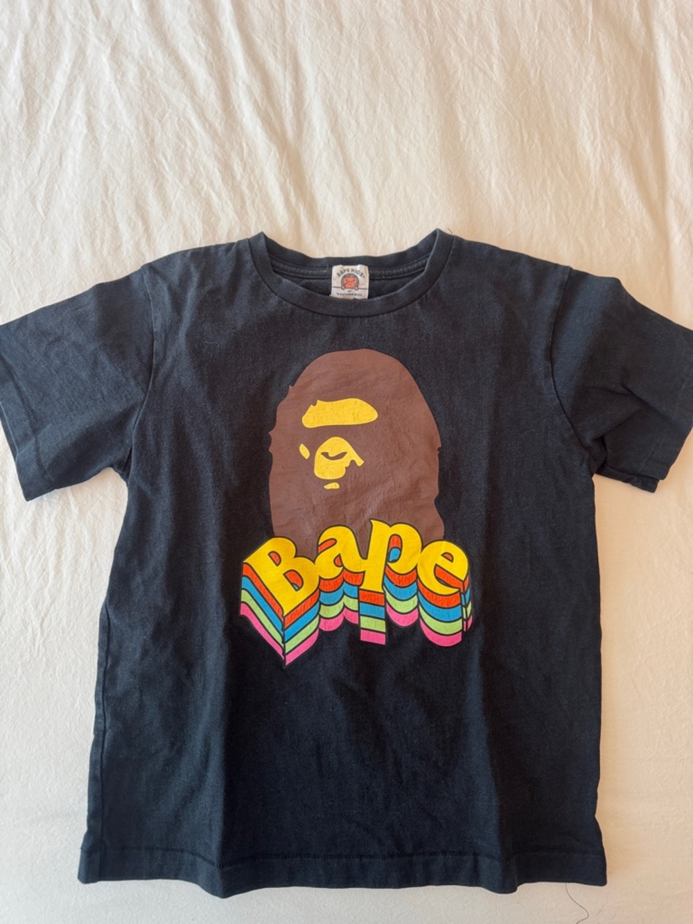 Bape Kids Black Tee with Rainbow Retro Logo